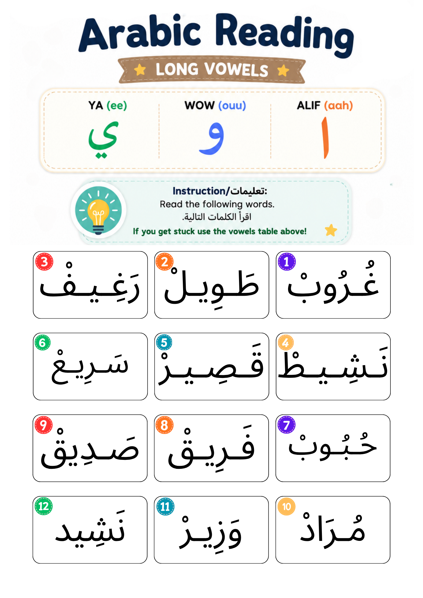 Arabic Reading Activity, Short and Long Vowels, Sukoon and Shaddah Practice, PDF