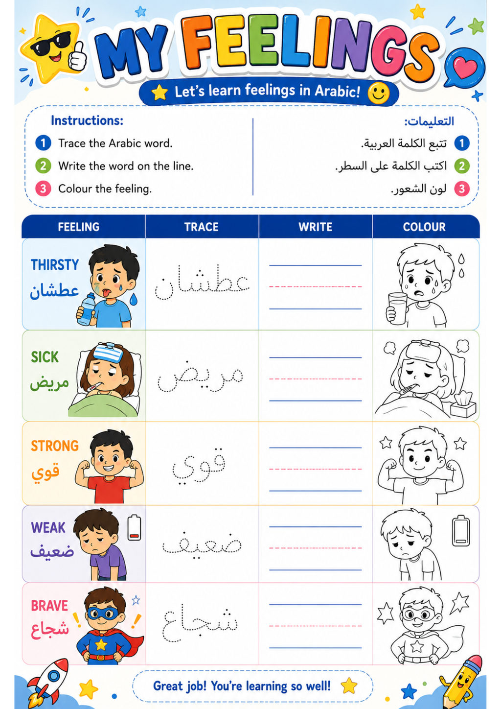 Arabic Feelings Worksheets, Learn Emotions in Arabic, PDF