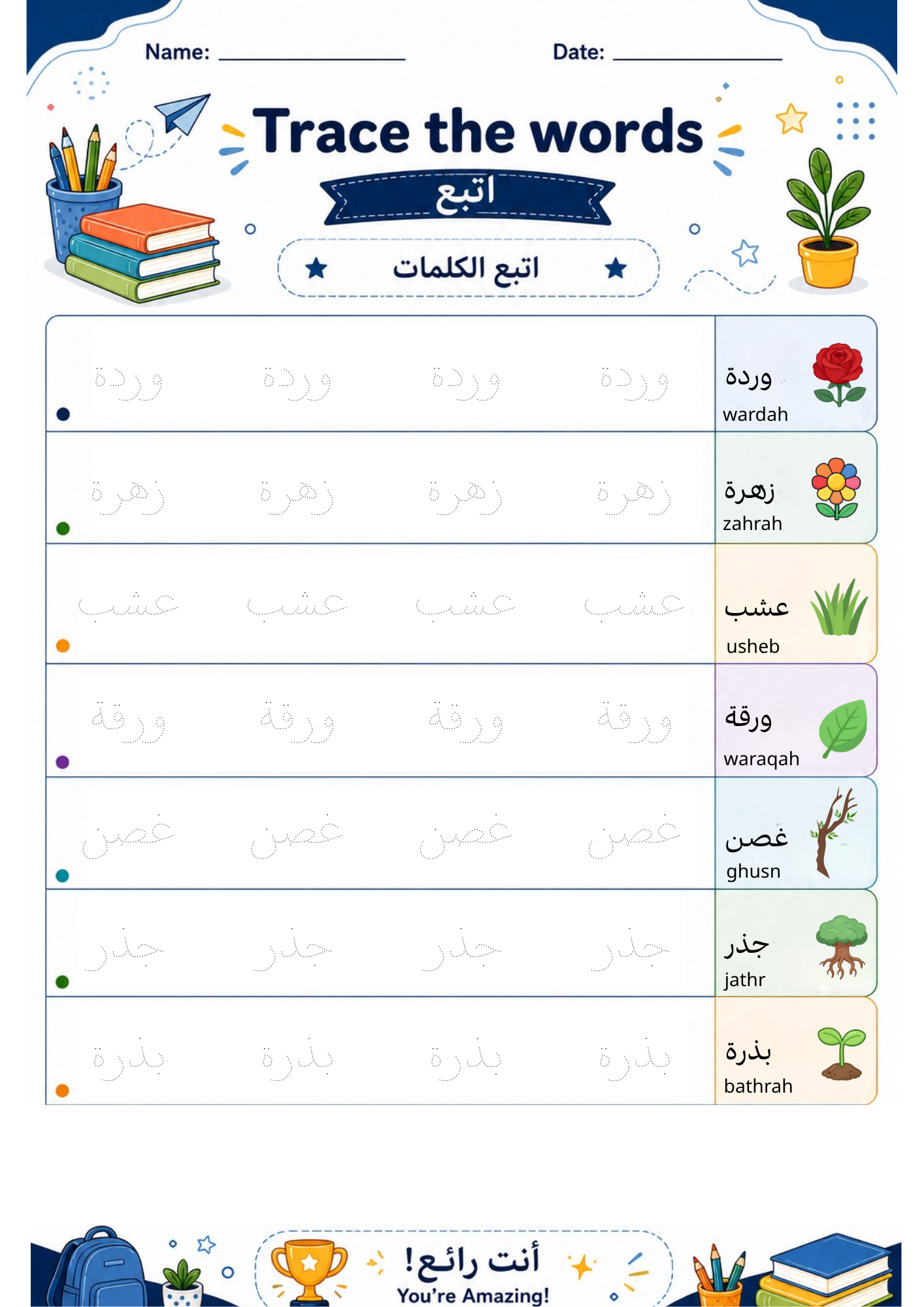 Arabic Word Tracing Worksheets, Vocabulary & Handwriting Practice, PDF