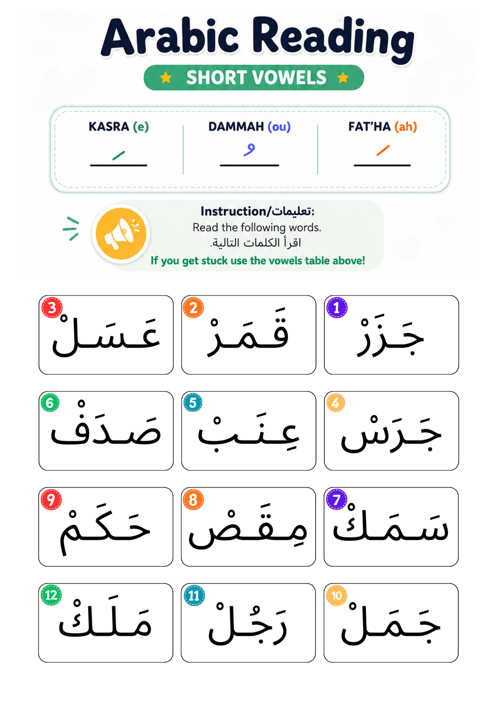 Arabic Reading Activity, Short and Long Vowels, Sukoon and Shaddah Practice, PDF