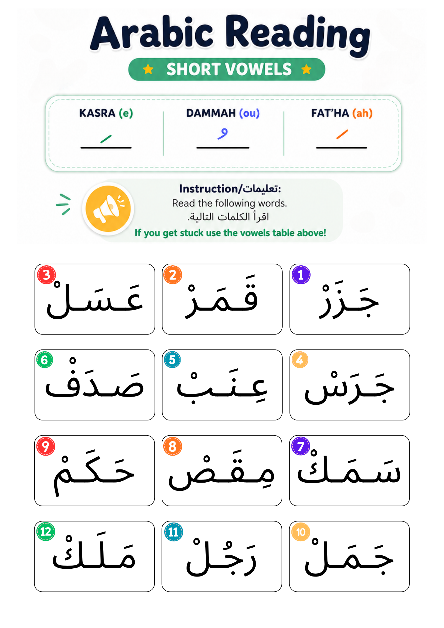 Arabic Reading Activity, Short and Long Vowels, Sukoon and Shaddah Practice, PDF
